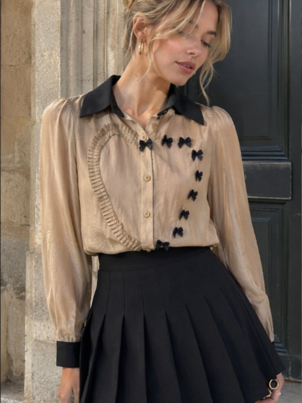 Vintage Satin Blouse Tops Women Beige Contrast Collar Heart Bow Pleated Shirt S - Picture 2 of 10
